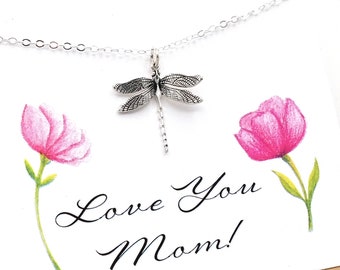 Dragonfly Adjustable Necklace Mothers Day Gift Solid Sterling Silver with Card Love You Mom Meaningful Jewelry Dragonfly Lover Birthday Gift