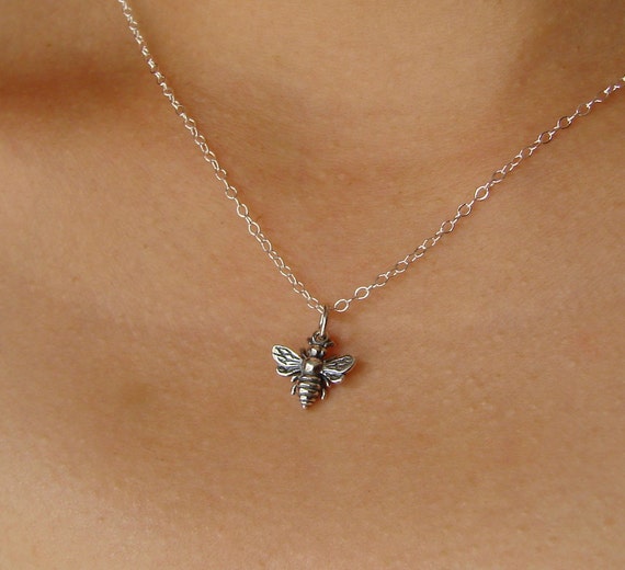 Honey Bee Necklace In Sterling Silver - Silver Bee Pendant Necklace Honey Bee Necklace In Sterling Silver - Silver Bee Pendant Necklace