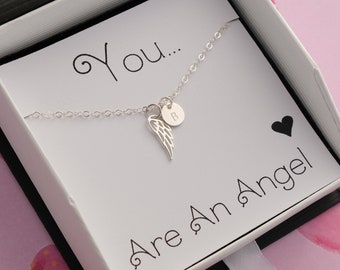 Angel Wing Necklace - Dainty Initial Disc - Personalized Thank You Gift - You Are An Angel - Thank You Necklace - Teacher Gift