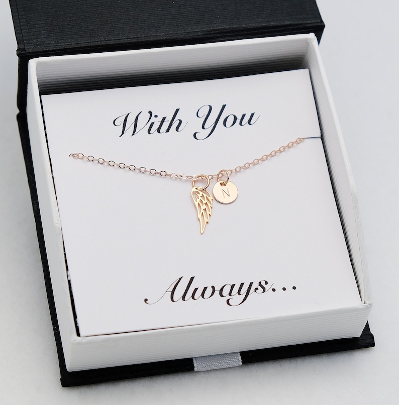 Memorial Rose Gold Angel Wing Necklace • Dainty Initial Disc • Personalized Memorial Gift • Remembering A Loved One Adult or Child 