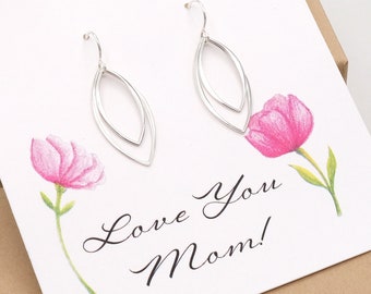 Sterling Silver Double Marquis Earrings Mothers Day Gift Half Geometric Flattened Leaf Shaped Lightweight Drop Earrings Love You Mom Card