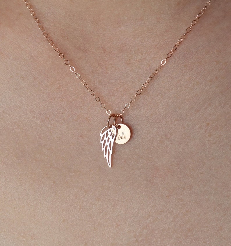 Rose Gold Angel Wing Necklace • Dainty Initial Disc • Personalized Memorial Gift Child • Remembering A Loved One 