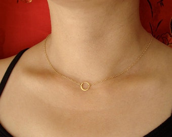 Choker Half Hammered Circle Necklace, SMALL Single CIRCLE in a Gold Filled Chain Necklace, delicate circle necklace sterling silver