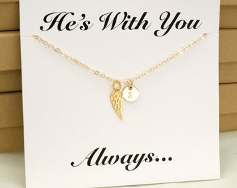 Personalized Angel Wing Necklace, Loss of Father Brother Son Friend, Memorial Remembrance Gift, Gold, Silver Initial Necklace