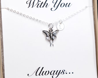Memorial Silver Luna Moth Necklace Luna Moth Gifts Personalized Initial Disc Meaningful Jewelry Luna Moth Lover Sympathy Gift Insect Charm