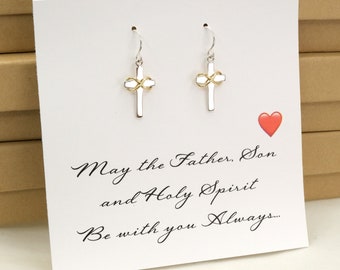 Sterling Silver Cross with Bronze Infinity Sign Dangle Earrings, Tiny Christian Earrings for her, First Communion Gift, Confirmation Gift