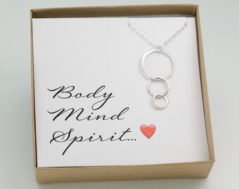 Silver Three Circle Necklace - Body Mind Spirit - Zen Spiritual Yoga Gift - Three Circles Meaningful Gift - Minimalist Everyday Cursive