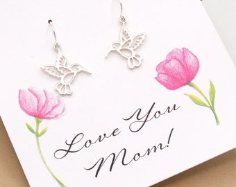 Silver Hummingbird Earrings For Mom - with Love You Mom Card Mothers Day Gift - Hummingbird Gifts For Mom New Mom Gift Solid Sterling Silver