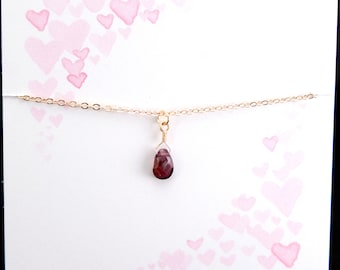 Sparkling Garnet Gemstone Necklace - January Birthstone Necklace - January Birthday Gift - Hand Wrapped Teardrop Necklace with Gold Filled