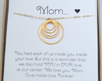 Collar para madre y 4 hijos • Plata u oro • 5 círculos eternos • Regalo para mamá soltera Regalo para mamá nueva • Regalo para el día de la madre De la hija del hijo