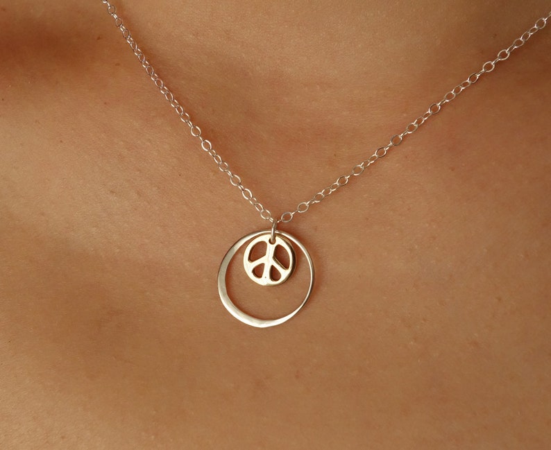 Peace Sign Necklace, Yoga Jewelry, Hammered Silver Circle, Bronze Peace Sign, Gift for Her, Spiritual Gift, Eternal Circle, Inspirational image 4