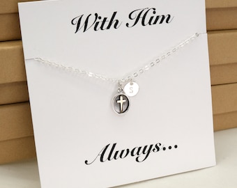 Personalized Cross Necklace, With Him Always Dainty Tiny Cross Silver Necklace Confirmation Necklace First Communion Necklace Back To School