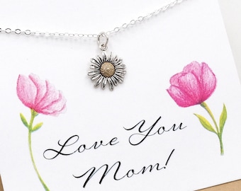 Sterling Silver Daisy Flower Adjustable Necklace for Mom, Mixed Metal Flower Necklace with Love You Mom Card Garden Lover Birthday Gift