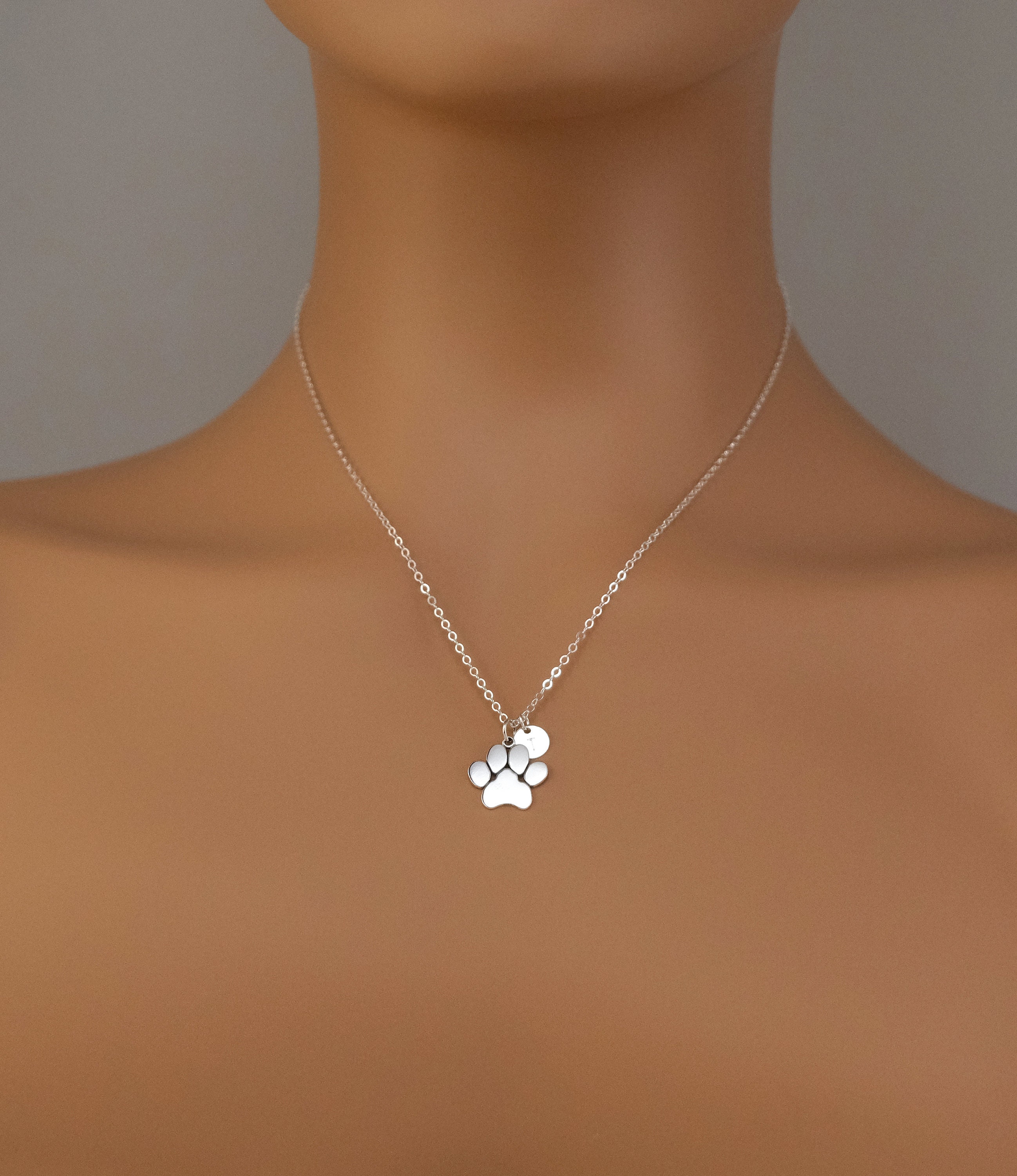 Silver Personalized Paw Print Necklace Dainty Initial Disc Cat Dog Mom ...