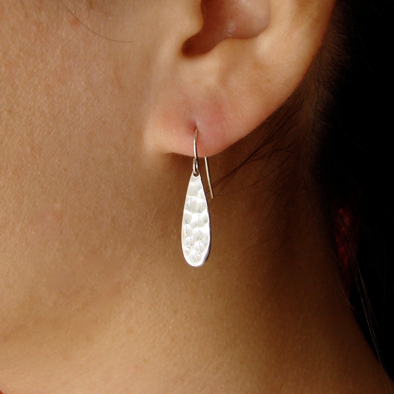 Small Sterling Silver Hammered Teardrop Earrings Shiny Everyday Earrings Minimalist Jewelry Bridesmaid Drop Dangle Earrings Hook Ear wires image 1