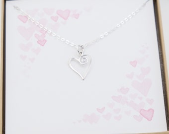 Open Heart Necklace, Sterling Silver Half Hammered Heart Necklace, Gift for Her  Jewelry for Her
