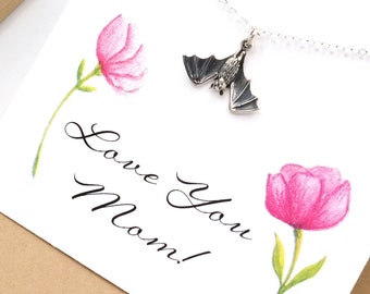 Sterling Silver Bat Necklace For Mom - Bat Loving Mom Gift - Bat Jewelry For Mom with Love You Mom Card Fun Mother's Day Gift Halloween