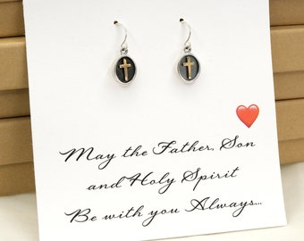 Dainty Cross Earrings - Christian Jewelry, Faith First Communion Confirmation Graduation Back To School Gift, Silver Mixed Metal Earrings