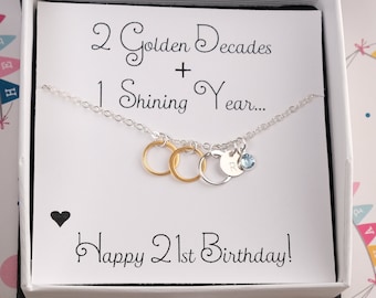 21st Birthday Gift For Her Personalized Gift 21st Birthday Jewelry Mixed Metal Silver Gold 21 Birthday Birthstone Necklace Initial Disc