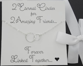 Best friend gift, 2 Circle Necklace, Interlocking Entwined Two Silver Circle Necklace Silver, 2 Friends Gift Card, 2 Linked Circles Necklace