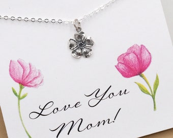 Sterling Silver Cherry Blossom Flower Adjustable Necklace for Mom, Flower Necklace with Love You Mom Card Garden Lover Birthday Gift