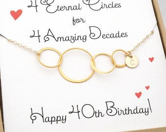 Personalized 40th Birthday Gifts for Women Jewelry Four Circle Necklace Silver Gold Rose Gold Interlocking Half Hammered Circles Gift