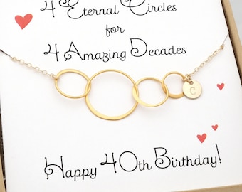 Personalized 40th Birthday Gifts for Women Jewelry Four Circle Necklace Silver Gold Interlocking Half Hammered Circles Gift