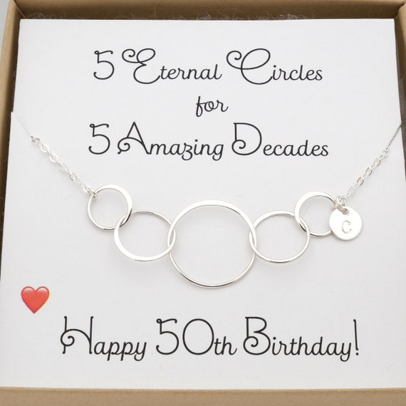 Personalized 50th Birthday Gift for Women, 5 Circles for 5 Decades Necklace, Interlocking Silver or Gold Happy 50th Birthday Card