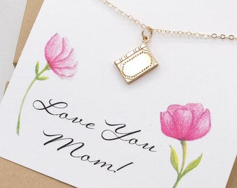 Book Necklace for Mom with Love You Mom Card - Personalized - Detailed Realistic Book - Gift from Daughter or Son - Adjustable Necklace