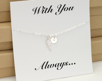 Sterling Silver Angel Wing Necklace • Dainty Initial Disc • Personalized Memorial Gift Child • Remembering A Loved One