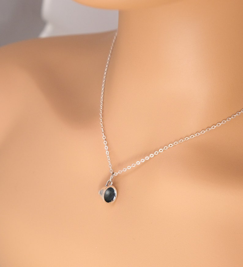 May include: A silver chain necklace with a small black oval pendant.
