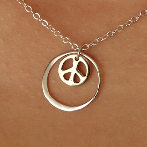 Peace Sign Necklace, Yoga Jewelry, Hammered Silver Circle, Bronze Peace Sign, Gift for Her, Spiritual Gift, Eternal Circle, Inspirational image 1
