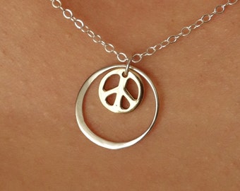 Sterling Silver Circle Peace Sign Necklace, Bronze Charm