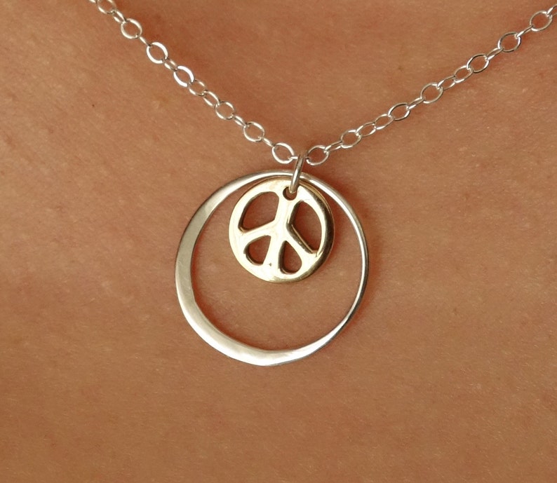 Peace Sign Necklace, Yoga Jewelry, Hammered Silver Circle, Bronze Peace Sign, Gift for Her, Spiritual Gift, Eternal Circle, Inspirational image 1