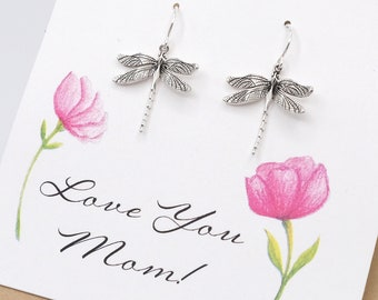 Beautiful Dragonfly Earrings Mothers Day Gift Solid Sterling Silver with Card Love You Mom Hook Lever Back Dragonfly Lover Gift New Mom Gift