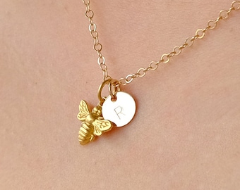 Personalized Bee Necklace, Sterling Silver, Gold or Rose Gold