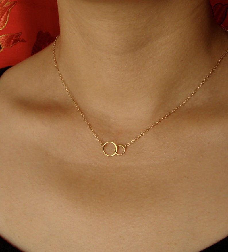 2 year anniversary necklace, 2 circle necklace gold silver, engagement gift for her, 2 sisters Tiny forever linked together circles Necklace image 3