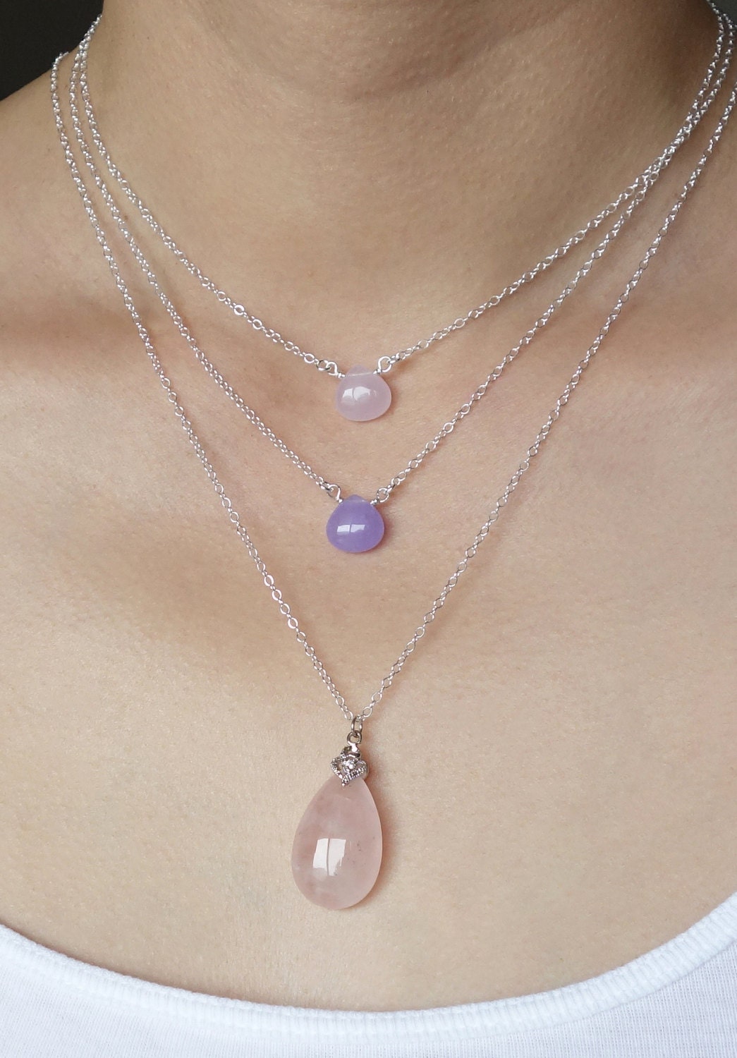 Pink Jade Teardrop Layering Necklace Set Stone Sterling Silver Etsy