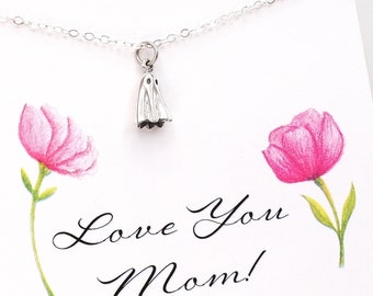 Silver 3D Ghost Necklace For Mom - Ghost Loving Mom Gift - Ghost Jewelry For Mom with Love You Mom Card Fun Mother's Day Gift Ghost Charm