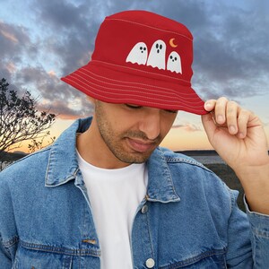 Cute red Ghost Bucket Hat, Halloween Accessory, Spooky Fashion