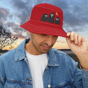 Cute red Ghost Bucket Hat, Halloween Accessory, Spooky Fashion