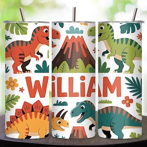 Dinosaur Tumbler Wrap PNG, Add Name 20oz Skinny Tumbler Design, Seamless Sublimation, Instant Download, Dino Cup PNG