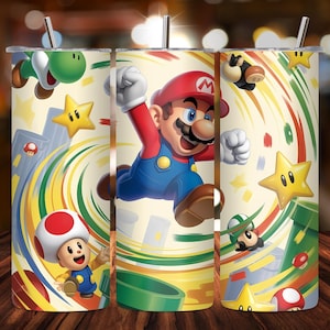 Mario fanart print - kleurrijke super loodgieter muurdecoratie met sterren, pad en Yoshi - leuk gaming poster cadeau voor Nintendo-fans