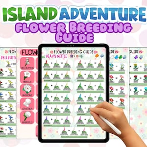 以下が含まれることがあります： 「Island Adventure Flower Breeding Guide」と書かれた花の交配ガイドを表示するタブレット。ガイドには、BellbuttonやHibiscusなどのさまざまな花のイラストとともに、花の組み合わせと結果が表示されています。手はスタイラスを持っています。