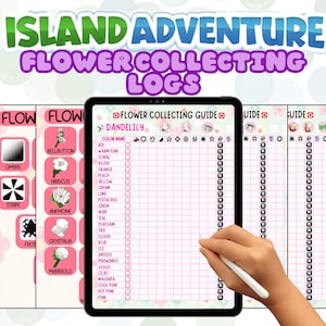 May include: A digital tablet displaying a flower collecting guide with the text "Island Adventure Flower Collecting Logs." The guide features a checklist with color names and flower illustrations. A hand holds a stylus, ready to mark the checklist.