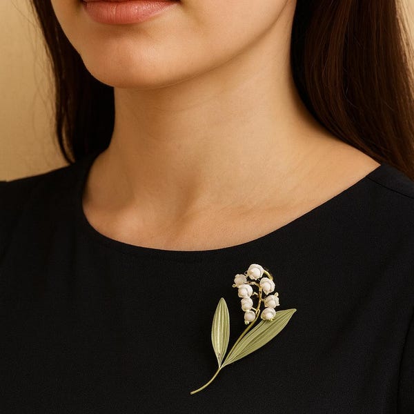 Lily of the Valley Brooch Enamel Pearl Flower Pin Botanical Jewellery Nature Inspired Gift For Her