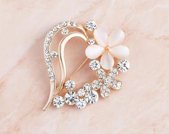 Crystal Flower Brooch: Rhinestone & Pearl Bridal Pin, Rose Gold Plated