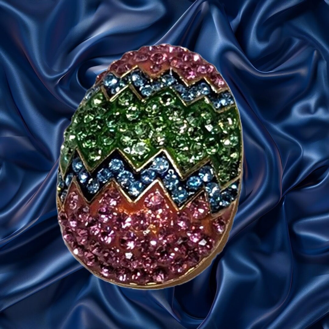 Vintage Jeweled Easter Egg Pin – Sparkling Rhinestone Zigzag, Gold Tone ...