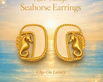 May include: A pair of gold-toned clip-on earrings featuring a seahorse motif set against a cream-colored oval background with a rope-textured border. The text "Rare Vintage Seahorse Earrings" and "Clip-On Luxury" is visible in the image.