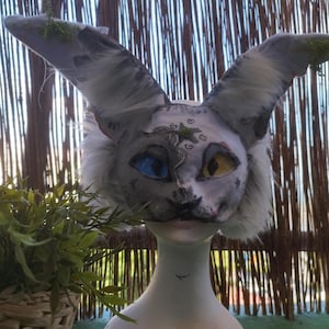 Therian kattenmasker, imitatiebont, handgemaakt, perfecte vermomming, kostuum, grijs en wit, realistische cosplay